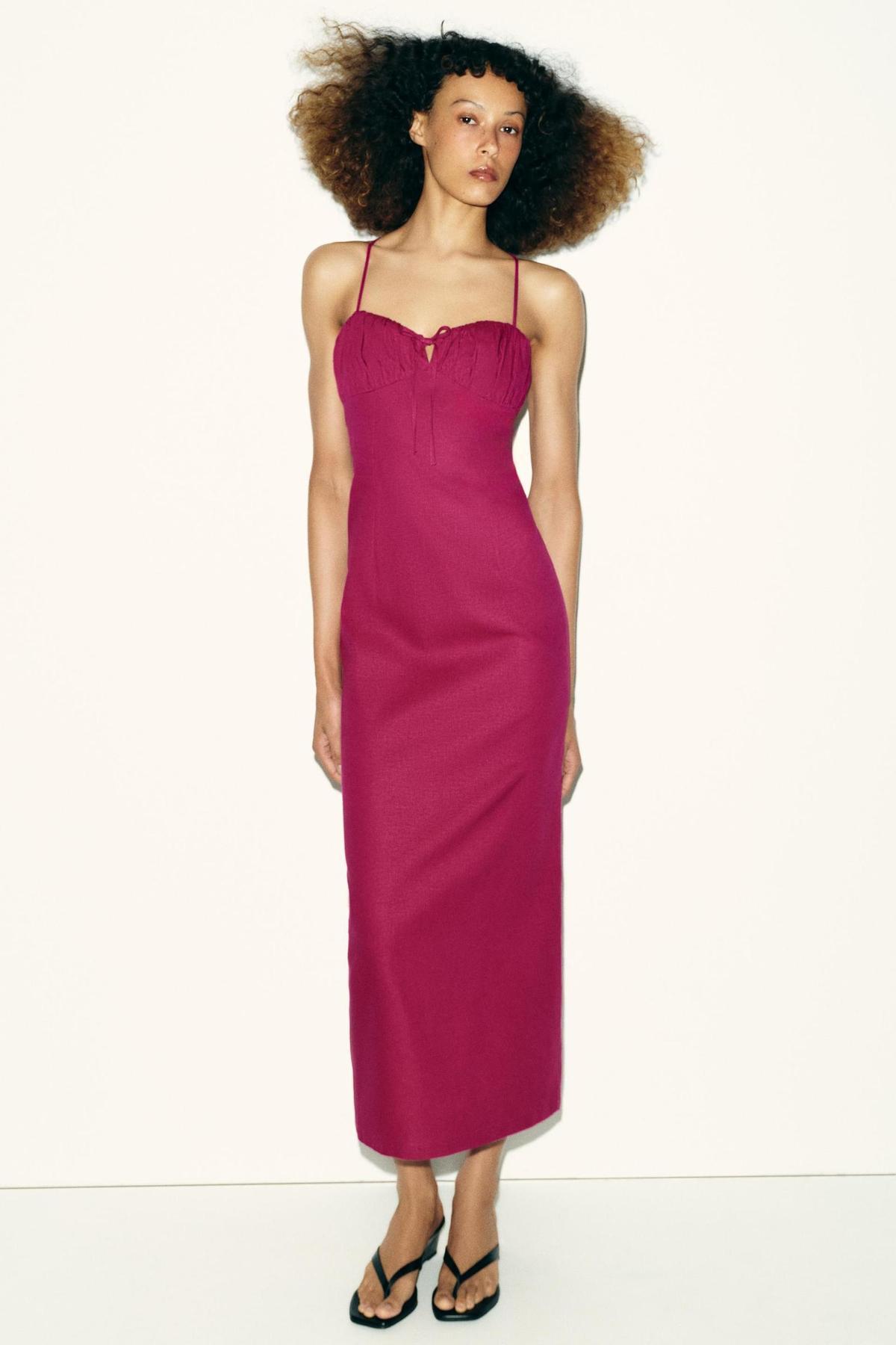 Robe midi en lin fuchsia à bretelles