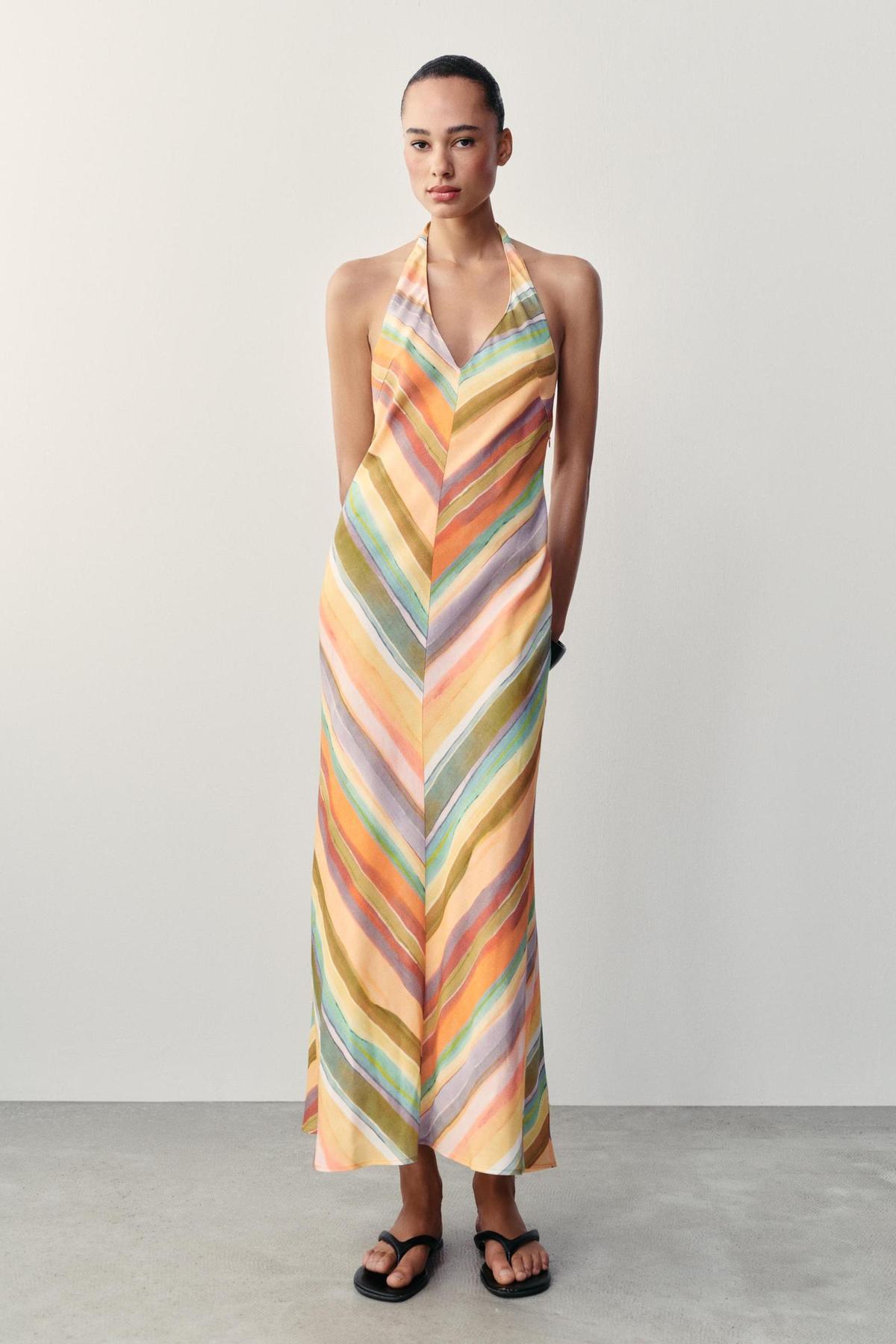Robe longue dos nu à imprimé rayé multicolore