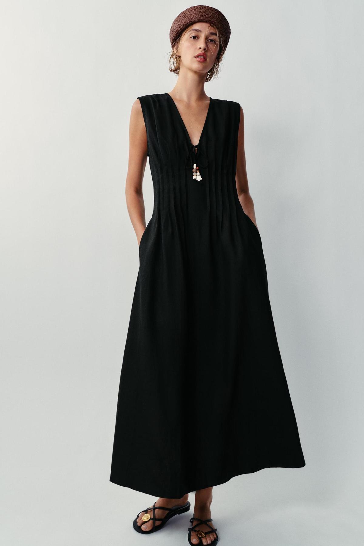 Robe midi à cordon de serrage et lin