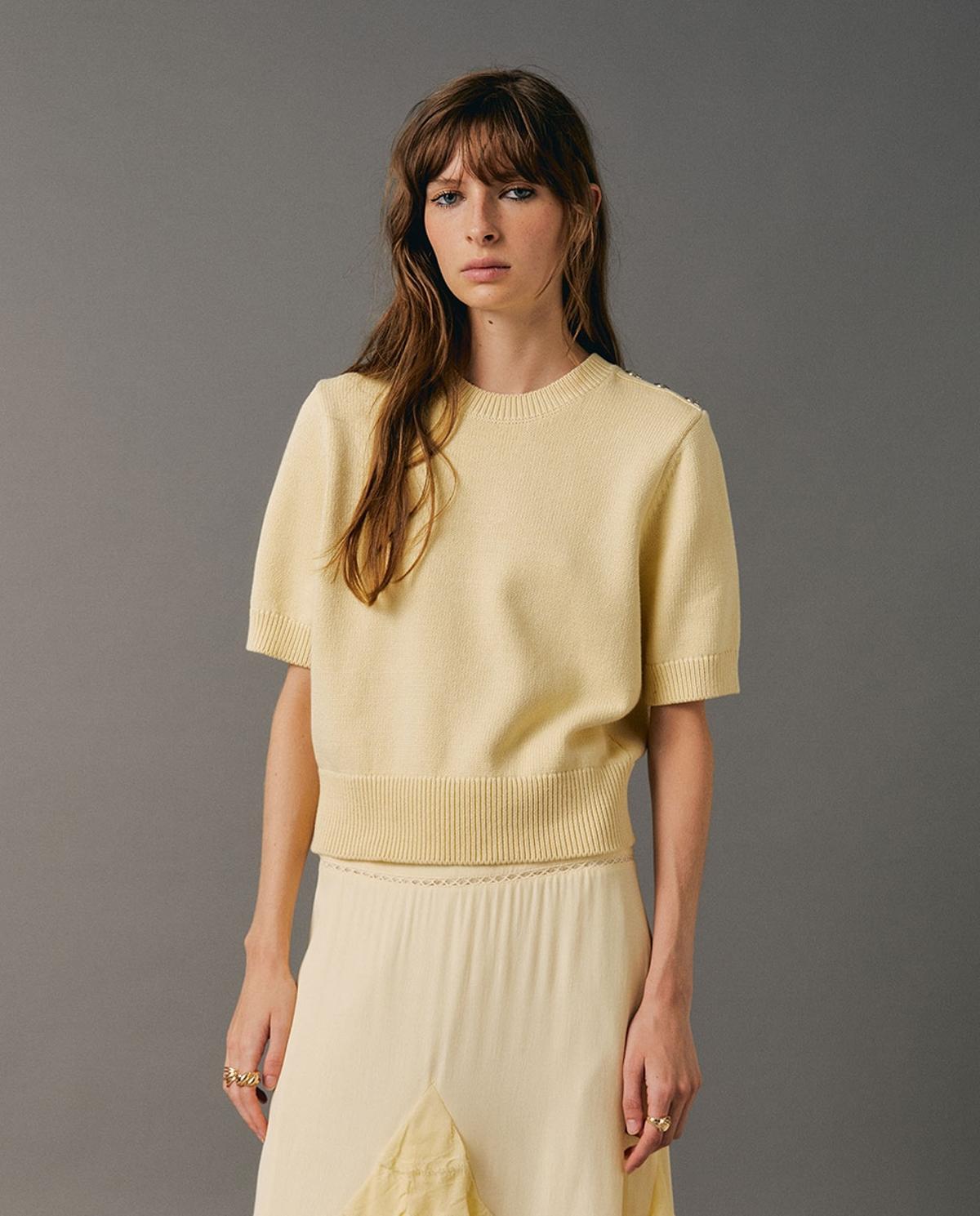 Pull à manches courtes jaune pastel