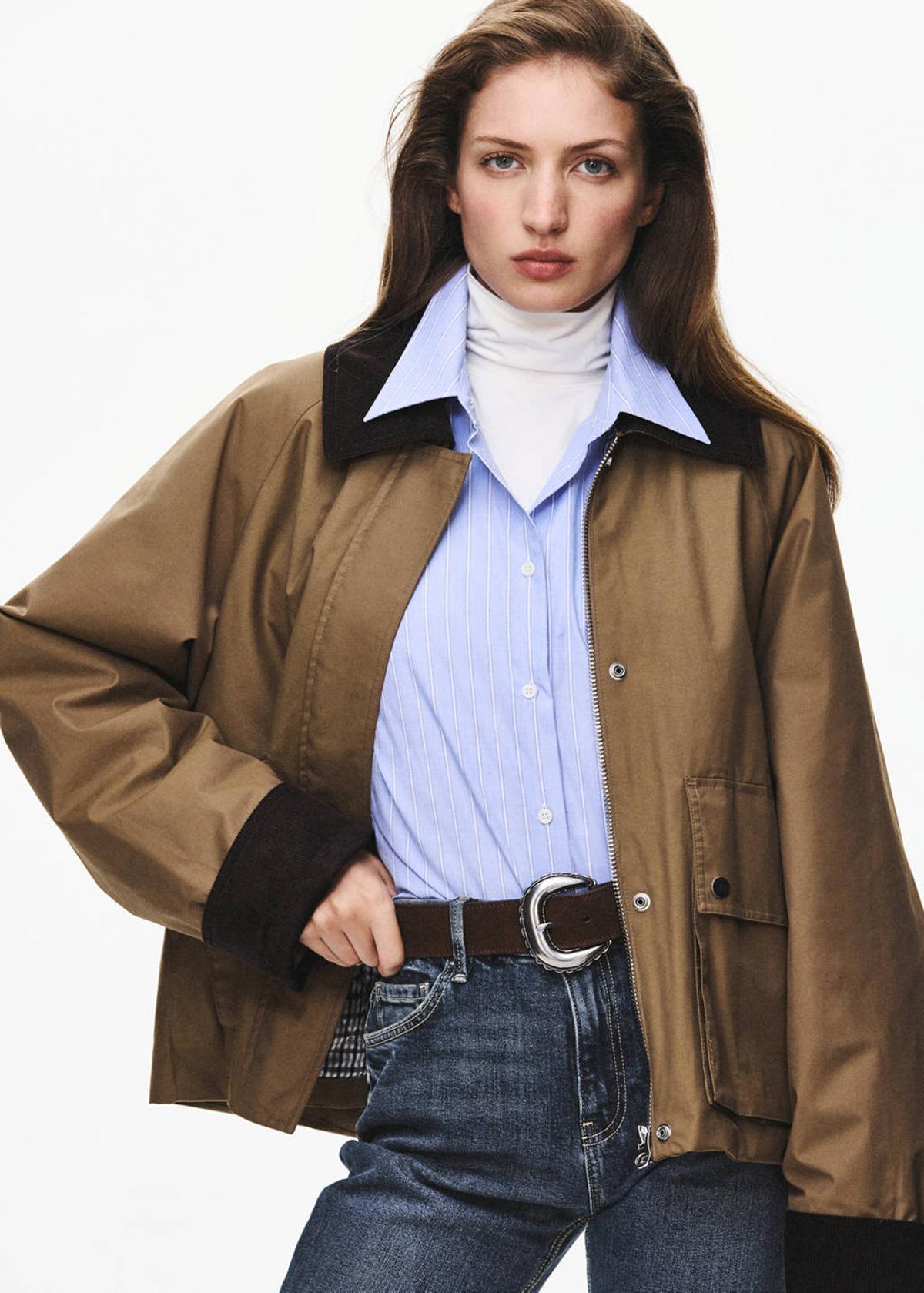 Veste type Barbour beige à col velours côtelé