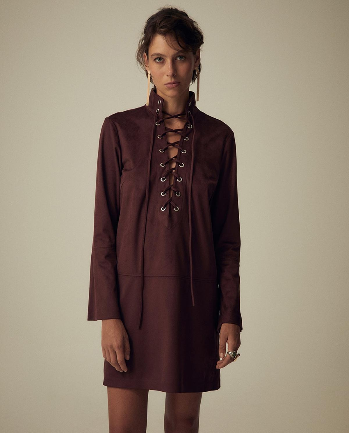 Robe courte effet suédine marron