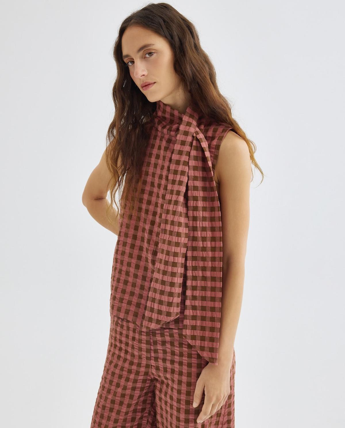Blouse sans manches à imprimé vichy