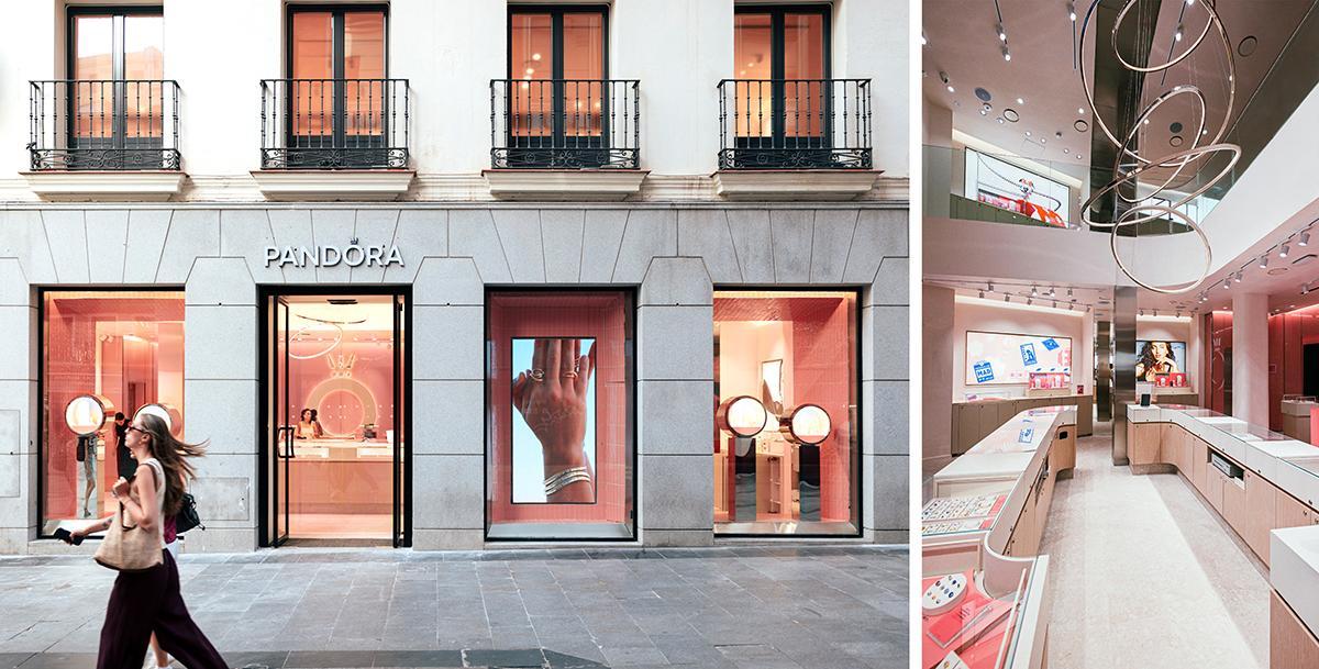 Extérieur et intérieur de la nouvelle boutique Pandora à Preciados (Madrid)
