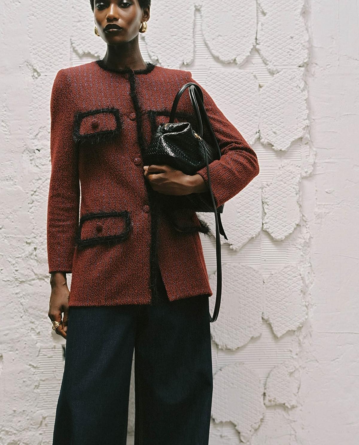Veste longue en tweed bordeaux