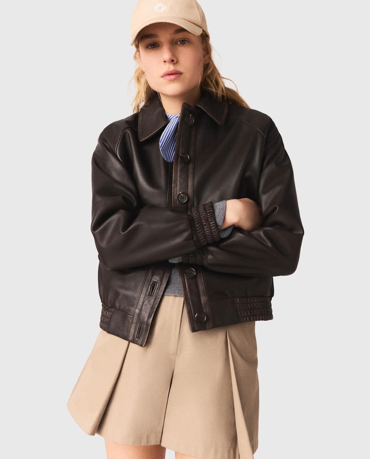 Blouson aviateur en cuir marron