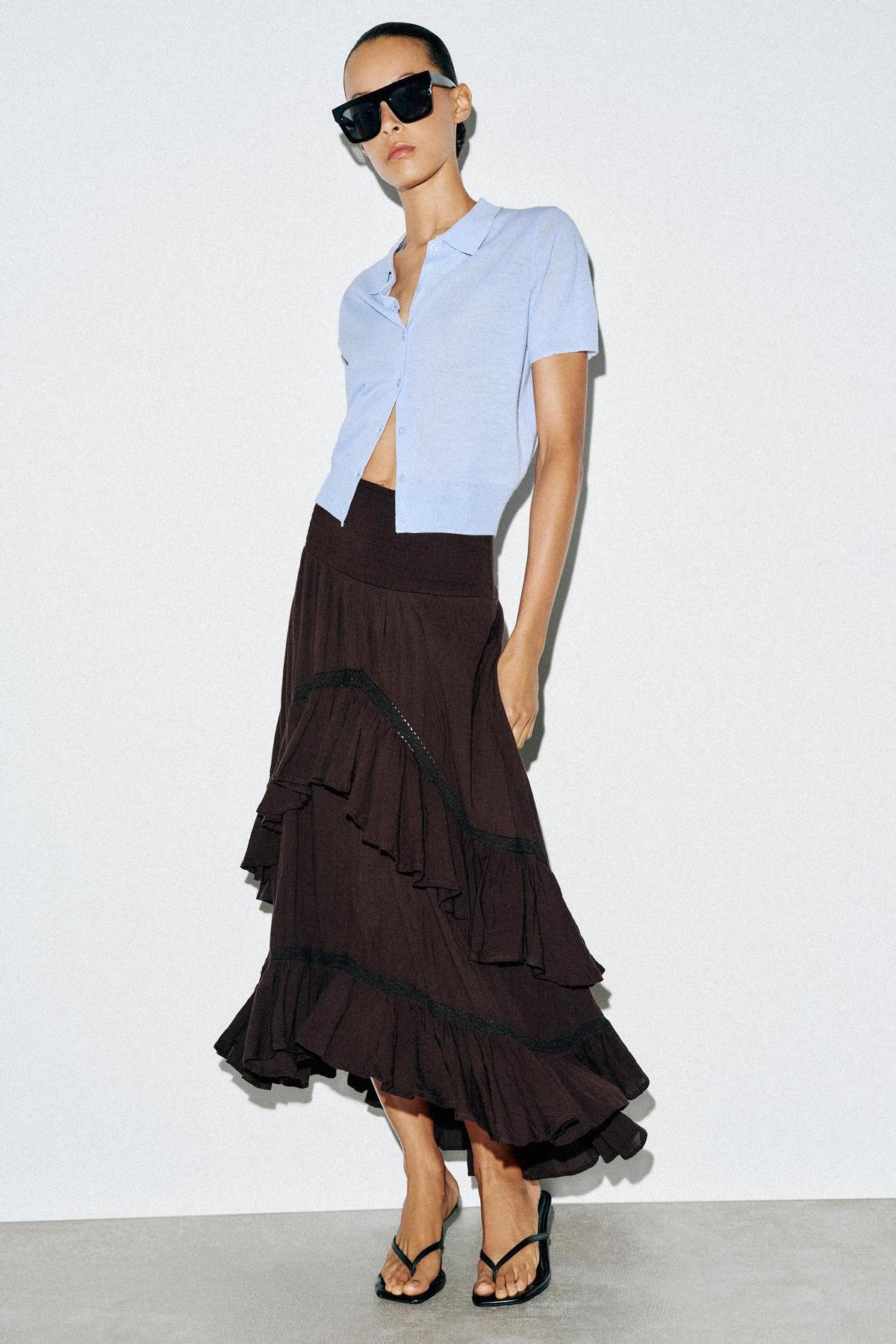 Jupe midi à volants marron