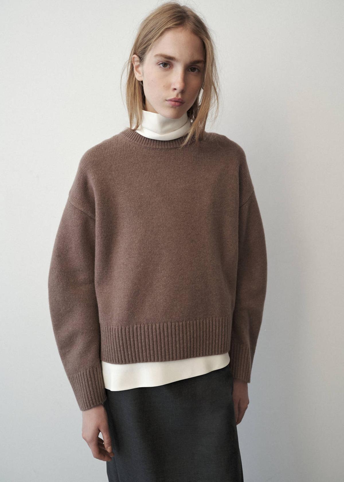 Pull col rond en laine marron