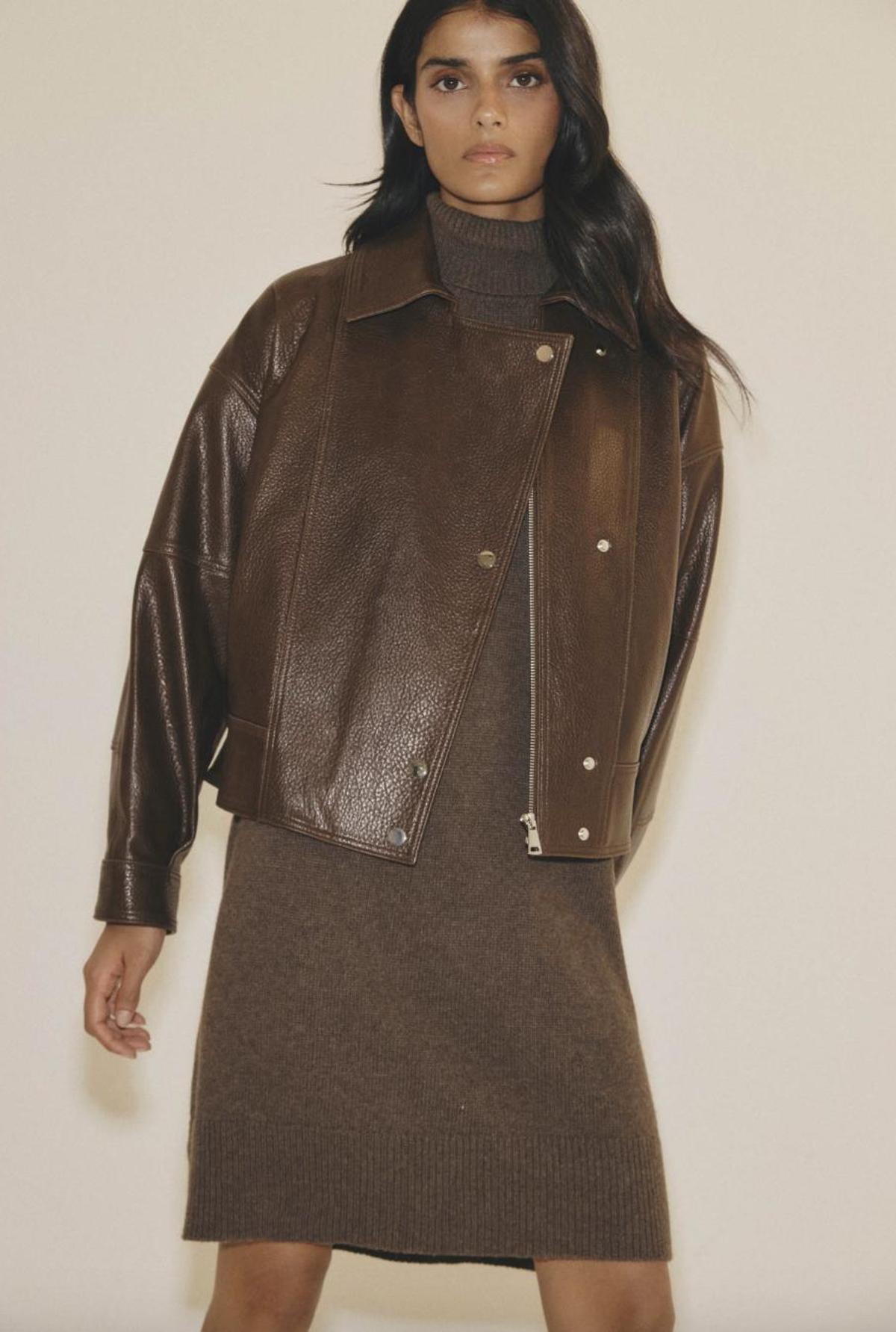 Blouson aviateur en cuir marron