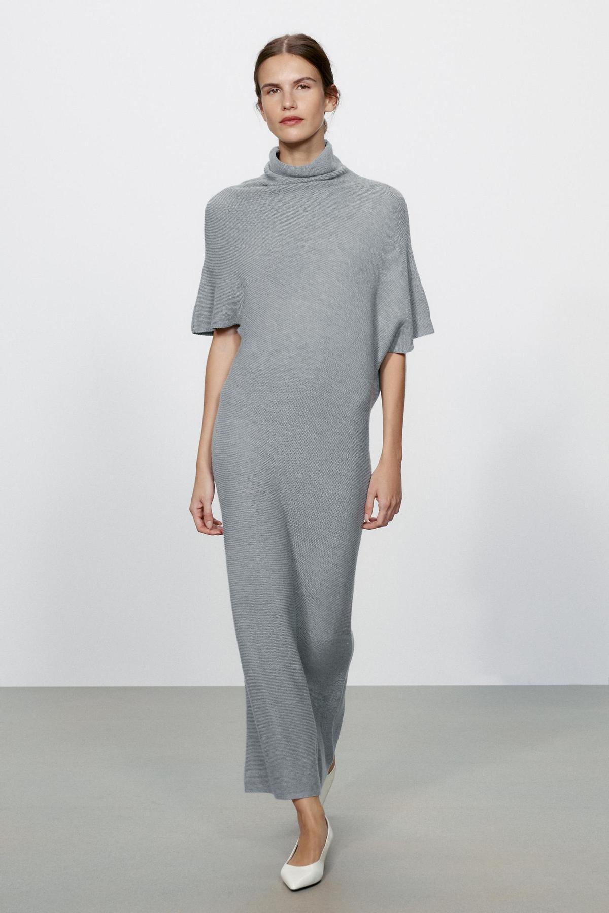 Robe longue en maille col roulé grise